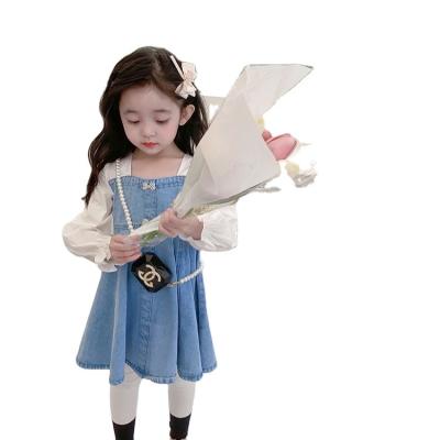 China Bany girls dresses 2023 washable spring and summer denim bow pearl girl dress long sleeve stitching cute princess skirt for sale