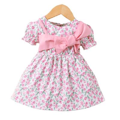 China 2023 New Little Girl's Autumn Korean Short Sleeve Washable Flower Girl's Spring Baby Bow Little Kid's Floral Princess Dress for sale