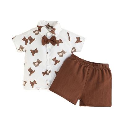 China Breathable Cute Bear Pattern Cartoon Summer Baby Short Sleeve Shirt Shorts Boys Polo Two-piece Running Suit for sale