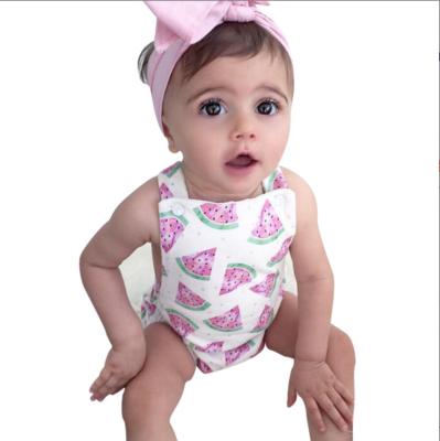 China Breathable Baby Clothes 0-2 Years Full Print Watermelon With Headband Cotton Sling Cute Girl Overalls Triangle Romper for sale