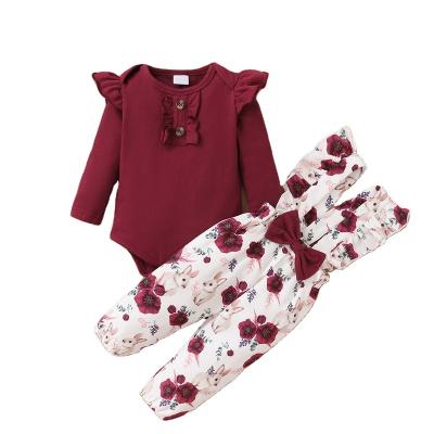 China 2023 Autumn New Korean Style Solid Color Long Sleeve Girl's Breathable Spring Upper Flower Printed Suspender Pants Three-Piece Set for sale