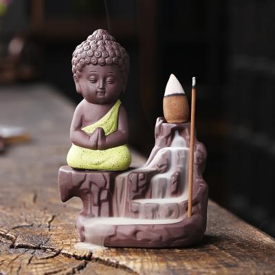 China Creative Chinese Ceramic Incense Censer Home Decor Monk Buddha Incense Smoke Backflow Censer Incense Stick Holder for sale