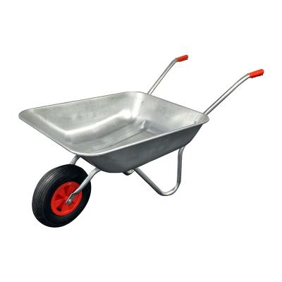 China Centered WB5204 Garden Wheelbarrow 65L Galvanized Wheelbarrow Tray With 4.00-6 Ribs Plastic Wheel Barrow for sale