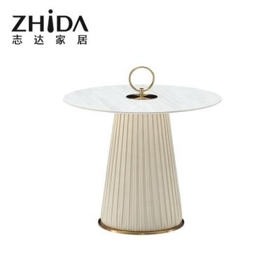 China Beautifu White Ceramic Tile Coffee Table Round Base Extendable Elegant Ceramic PU Top Material Stainless Steel for sale