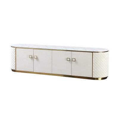 China Zhida Expandable Hot Sale Design Living Room Gold Stainless Steel Base Marble Top Luxury PU Upholstered TV Stand Cabinet For Villa for sale