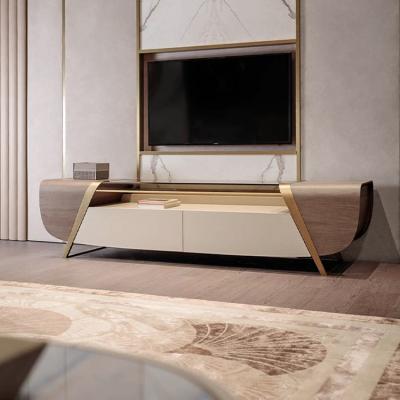 China Stainless Steel Base+Stainless Steel Wooden Top TV Base Furniture Living Room Designs Zhida Wood Top Cabinet for sale