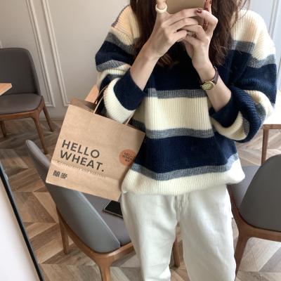 China 2021 New retro fashion winter sweater women's breathable knitting sweaters simple striped round neck colorimetric loose sweater for sale