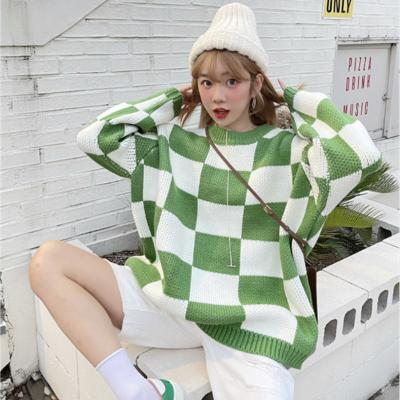 China Korean black and white plaid women's retro breathable sweater 2021 new winter loose checkerboard pattern sweaters for sale