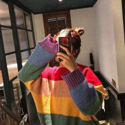 China Harajuku Breathable O-neck Women Sweater Autumn Winter Korean Fashion Rainbow Striped Oversized Pullovers Vintage Loose Knitted for sale