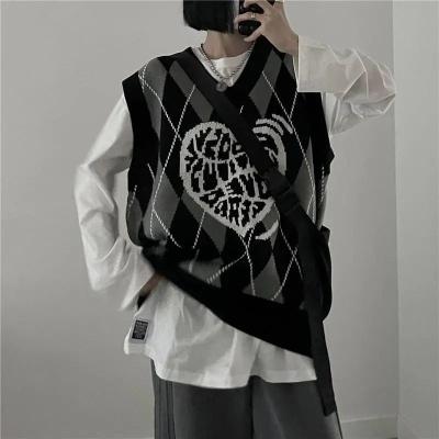 China Breathable Black Gothic Copy Argyle Knitwear Fall Graphic 2021 Mal Goth Oversized Streetwear Casual Sweater Vest Women Heart Top for sale