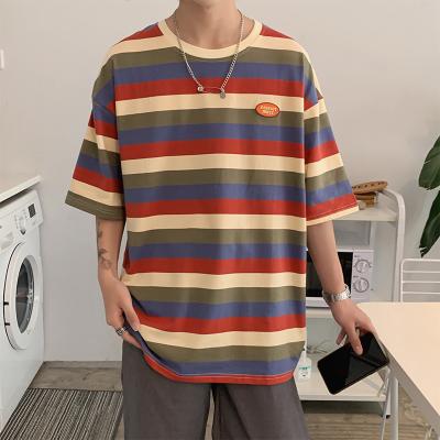 China Wholesale 2021 New Summer Custom Men's T-shirt Loose High Quality Fashion QUICK DRY Striped Short Sleeve Men's T-shirt for sale