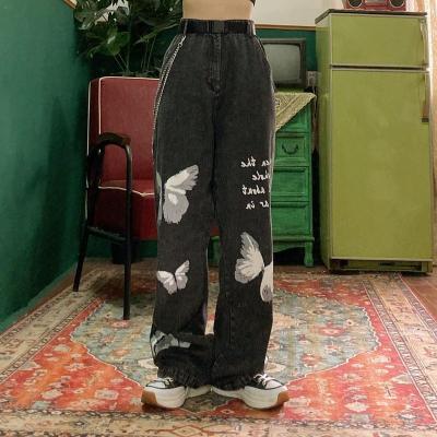 China Vintage Breathable Jeans 2021 Fashion Y2K Aesthetic Print Woman Jeans Loose Wide Leg Pants Women High Waist Casual Streetwear for sale