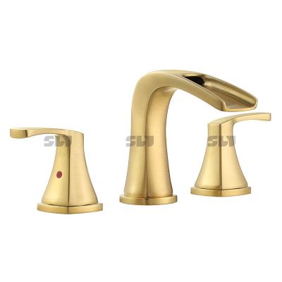 China Gold Metered Luxury Faucets Deck Mounted 3 Hole 8 In Widespread Industrial Bathroom Toilet Basin Faucet for sale