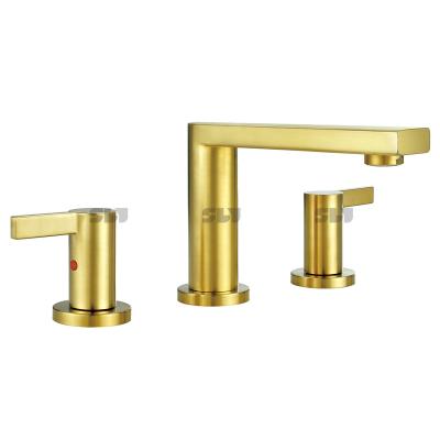 China Nice Metered Faucets 2 Handles Satin Brushed Gold Bathroom Faucets Water Basin Faucet Brass For Bathroom for sale