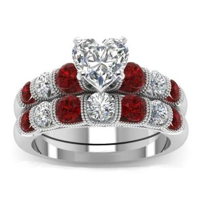 China CLASSIC unique design white gold ring paved red zircon ring heart shape romantic lady wedding ring for sale