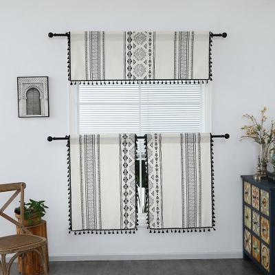 China Blackout Country Curtain Bohemian Canvas Printed Geometric Black Tassel For Draping Kitchen Cafe Half Parting Short Curtain for sale