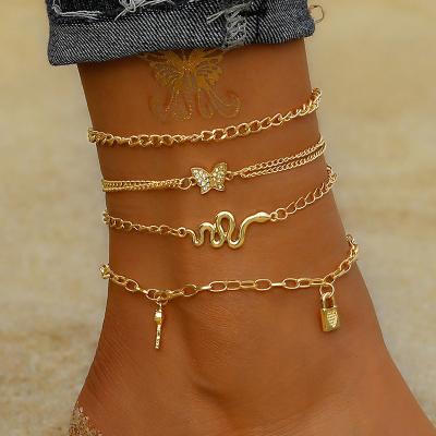 China CLASSIC 4pcs/set Fashion Multi Layer Gold Plated Anklet Butterfly Snake Chain Set Anklet Bracelets For Women Beach Jewelry for sale