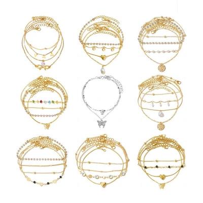 China European America CLASSIC Simple Vintage Anklet Chain Jewelry Butterfly Pear Multi Layered Heart Crystal Pendant Set for sale