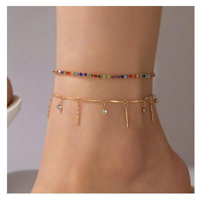 China Fashion CLASSIC Popular Geometric Double Layered Zircon Rhinestone Tassel Anklets Colorful Anklets For Beach for sale