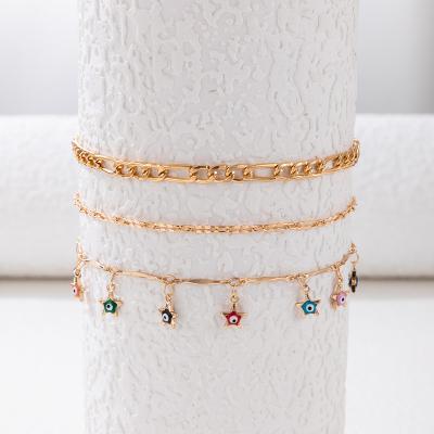 China CLASSIC Summer Pop Gold Plated Cuban Chain Bohemian Anklet Colorful God's Eye Tassel Set Anklet For Women Beach for sale