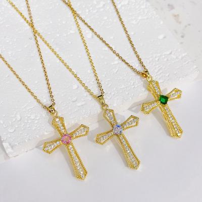 China Retro Best Selling Real Bling Rhinestone Crystal Gold Plated 18k Necklace CZ Zirconia Gold Cross Necklaces For Women for sale