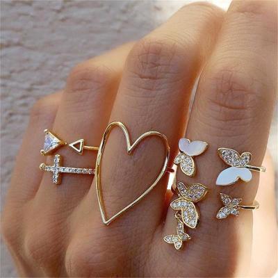 China New Fashion TRENDY Butterfly Fine Jewelry Rings 5 ​​Pcs /set Adjustable Rhinestone Heart Rings Set For Women for sale