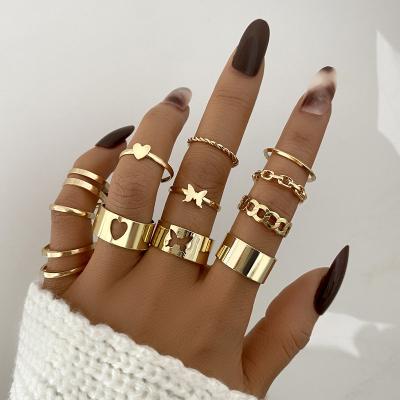 China Europe America Hollow Bohemian Gold Wide Rings Set Chain Single Finger Heart Butterfly Fine Jewelry Rings For Women Girls for sale