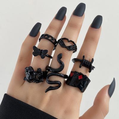 China INS Wind Vintage Charm Punk Knuckle Rings Set Black Silver Butterfly Snake Adjustable Stacking Ring For Women for sale