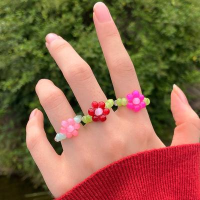 China Wholesale Europe America Rings Crystal Beaded Finger Fine Jewelry Stretch Colorful Flower Ring For Women for sale