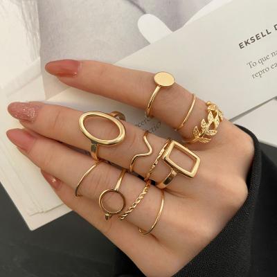 China Vintage CLASSIC Bohemian Minimalist Fine Gold Rings Jewelry Finger Metal Geometric Hollow Rings Set For Women for sale