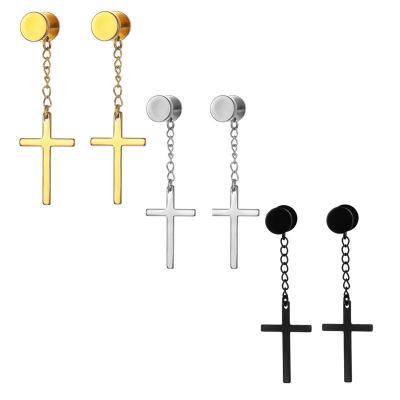 China New Hiphop Design Gold Plated Stainless Steel Earrings Exquisite Punk Round Stud Big Cross Dangle Fine Jewelry Earrings Men for sale