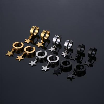 China CLASSIC hot sale punk couple titanium steel star dangle earrings classic pure black silver gold color circle earrings for men for sale