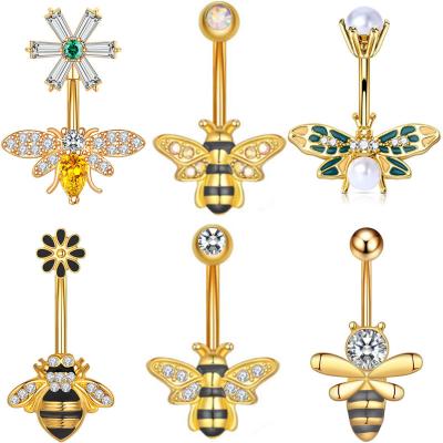 China FASHIONABLE High Quality New Exquisite Body Jewelry Trend Gold Plated Pearl Flower Piercing Bee Cute Rings Dangle Belly Rings for sale