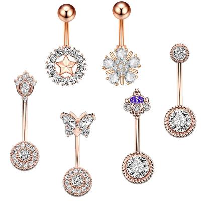 China FASHIONABLE Luxury Belly Jewelry Stainless Steel Zircon Flower Butterfly Navel Ring Shiny Round Piercing Simple Double Belly Rings for sale