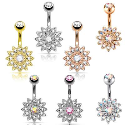 China FASHIONABLE Elegant Luxurious 316L Stainless Steel Navel Belly Rings High Quality Shiny Full Zircon Crystal Sunflower Belly Button Ring for sale