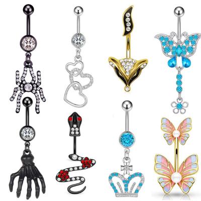 China FASHIONABLE New Arrival 6 Styles Long Dangle Exquisite Piercing Bling Crystal Flower Butterfly Fox Snake Navel Belly Button Rings for sale