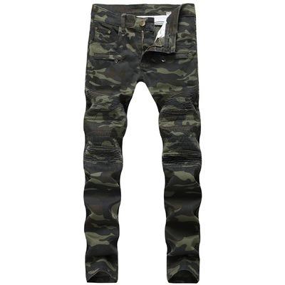 China New Sustainable Men's Jeans Europe And USA Tube Green Camouflage Motorcycle Fold Slim Straight Jeans Destroyed for sale