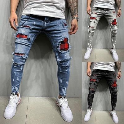 China Breathable Europe and the United States men's new slim broken hole small leg pants patch men paint direct manufacturers jeans for sale