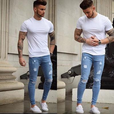 China Breathable factory wholesale Europe and USA new white use small foot pencil pants mens holes stretch mens tight jeans for sale