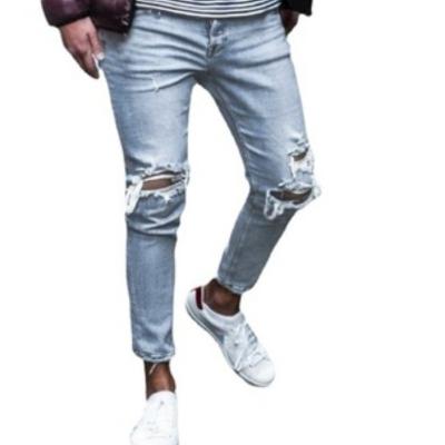 China European and American high quality men's breathable with holes in stretch jeans with Amazon Amazon small feet tear tight jeans men for sale