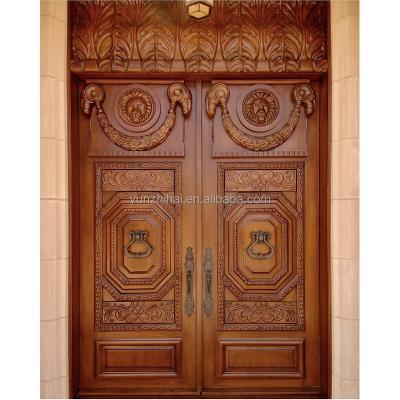 China Sound Insulation Solid Walnut Traditional Carved Wooden Double Door Designs For Entrance Timber Doors for sale