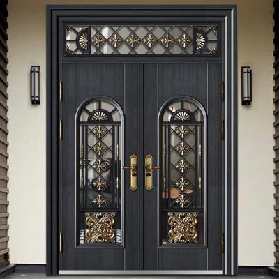 China YZH Modern Residential Front Entry Double Steel Glass Door With Grille Designs for sale