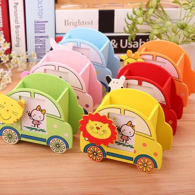 China Korean Stationery Pen Holder School Pencil Case Creative Learning Office Pen Clip Holder Wooden Cartoon Desktop Organizer for sale