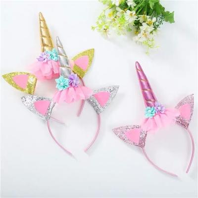 China Fashion Wholesale Amazon Hair Accessories Hair Band Kids Cloth Unicorn Headband Colorful Flower Birthday Elastic Party Hairpin for sale