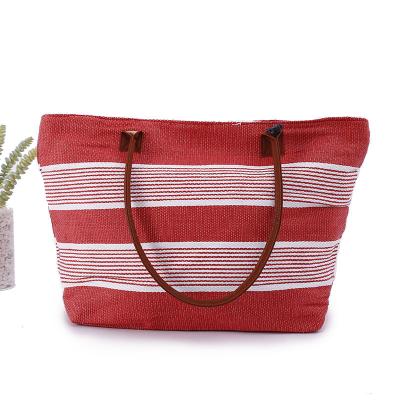 China Simple Popular Women's Shoulder Bag Large Capacity Canvas Bag Fashion Shopping Casual Striped Beach Bag for sale