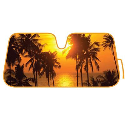 China Wholesale Portable Front Windshield Sunshade Golden Sunset Beach Palm Print Car Shade Auto Suv UV Protector for sale