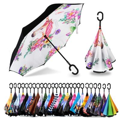 China Customized Double Layer Backward Printing C Hands Free Digital Reverse Handle Umbrella Special Customized Straight Umbrella for sale