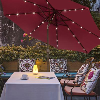 China Special Customized 9ft 32 LED Solar Hanging Umbrella Lit Patio Umbrella Table Market Umbrella With Tilt for sale