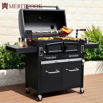 China Large Outdoor Portable Adjustable Size Charcoal BBQ Grills Heavy Duty Cast Iron BBQ Grill Grill Smoker Cabinet BBQ Grill with Rotisserie for sale