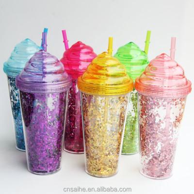 China 16oz Clear Double Wall Plastic Acrylic Cup Ice Cream Tumbler With Lid Straw Wholesale Viable for sale